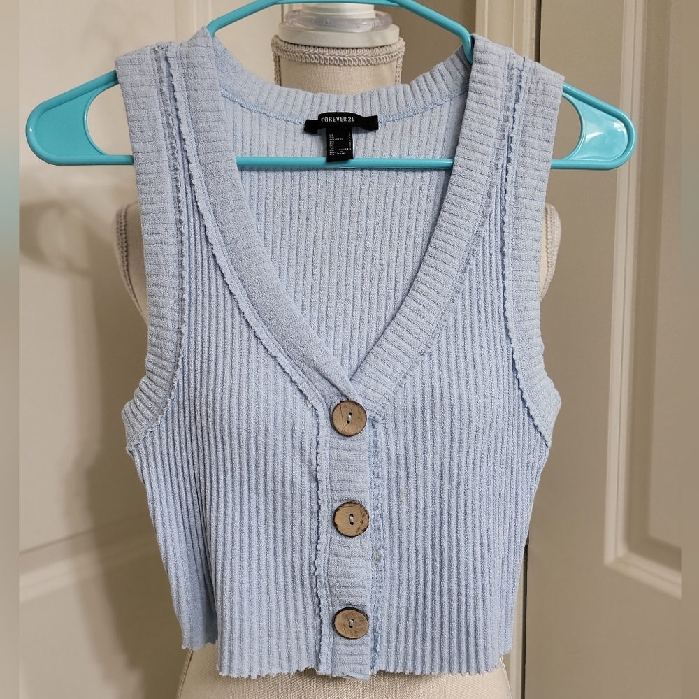 Blue Ribbed Button-Up Vest